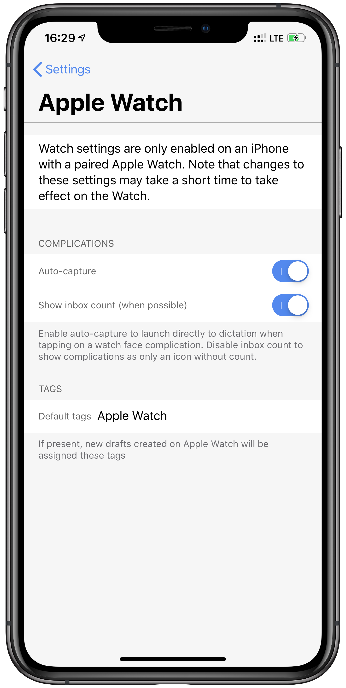 Drafts Settings for Apple Watch on iPhone
